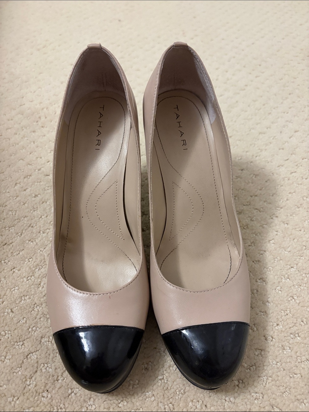 Tahari Nude Beige Pumps with Black Cap Toe
